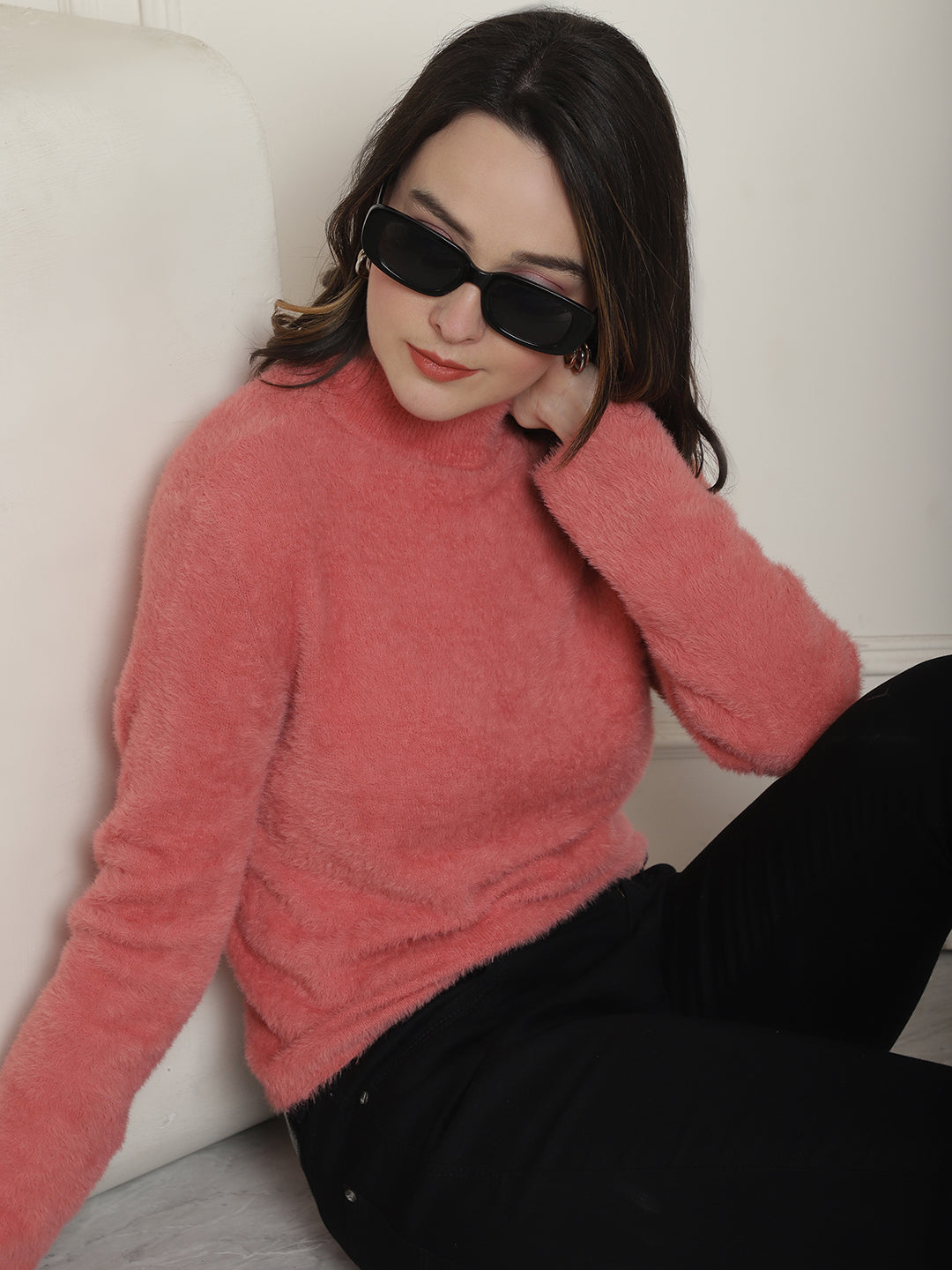 Polyamide Full Sleeve Fluffy Fuzzy Turtle Neck Peach Sweater