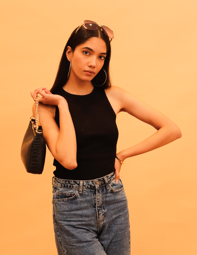 Viscose Round Neck Sleeveless Crop Black Tank Top