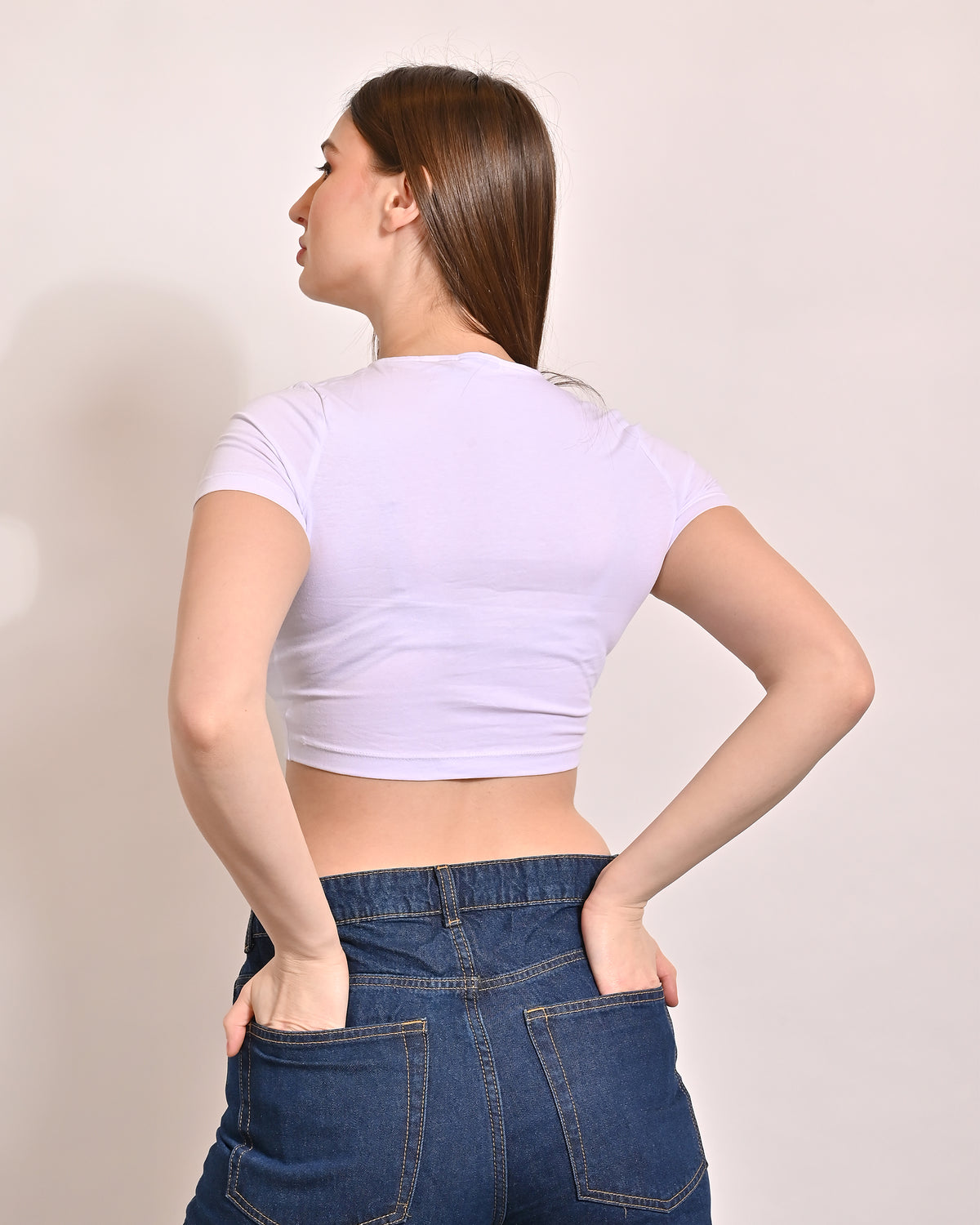 Elastane Round Neck with Half Sleeve White Crop Top