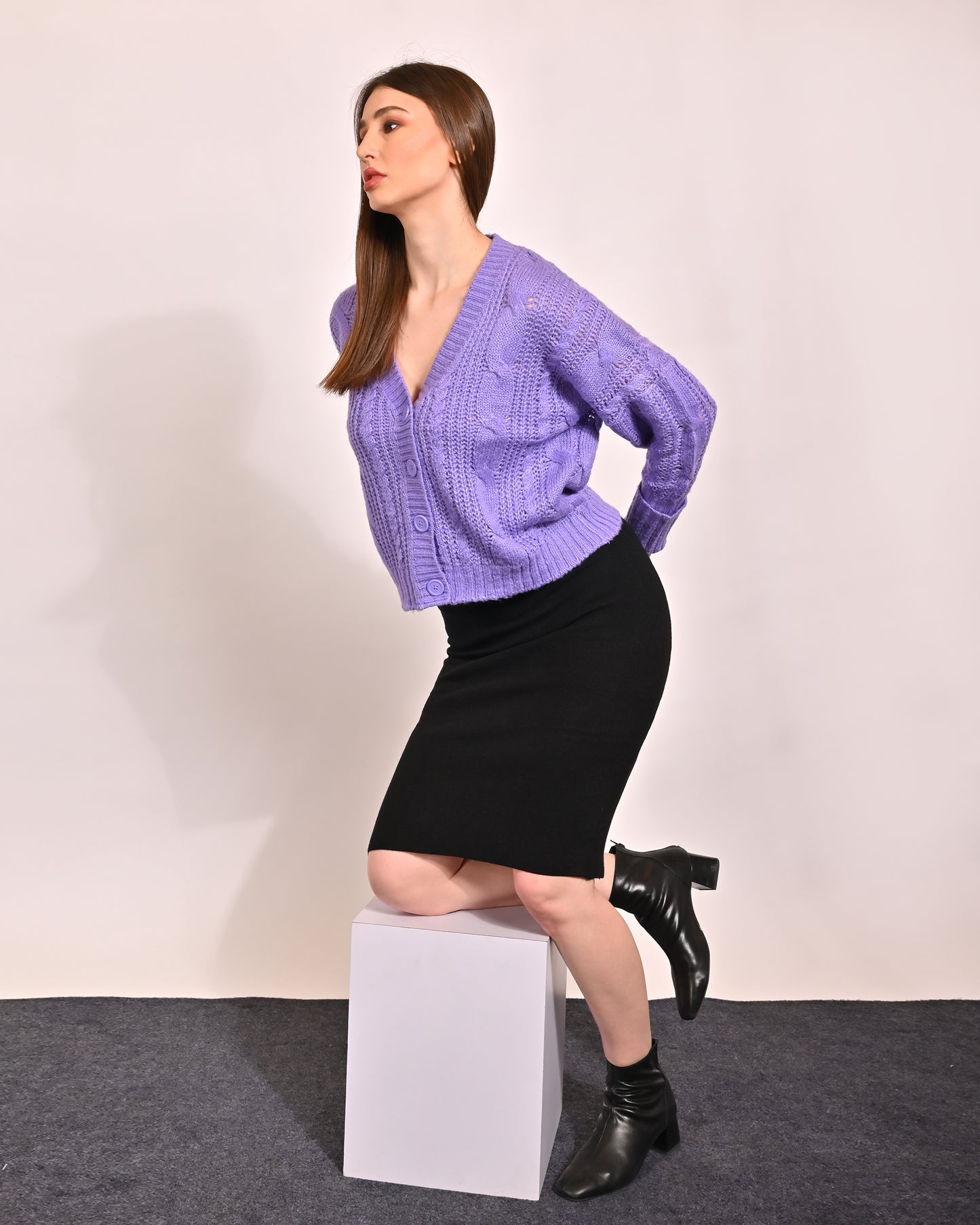 Acrylic Full Sleeve with V-Neck Purple Cardigan