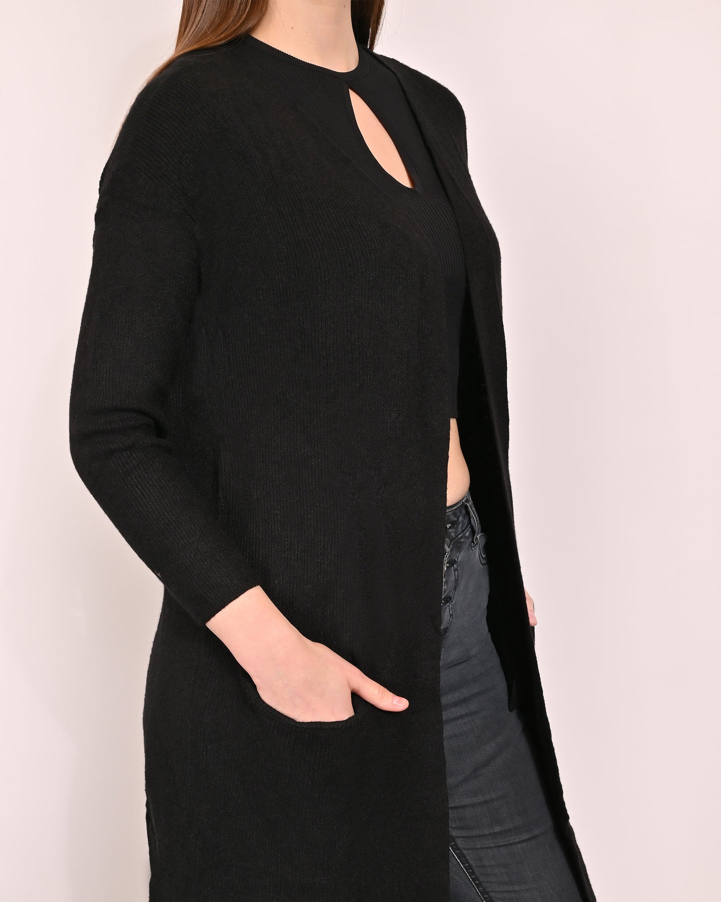 Polyester Full Sleeve with Front Open Logline Two Pockets Black Shrug