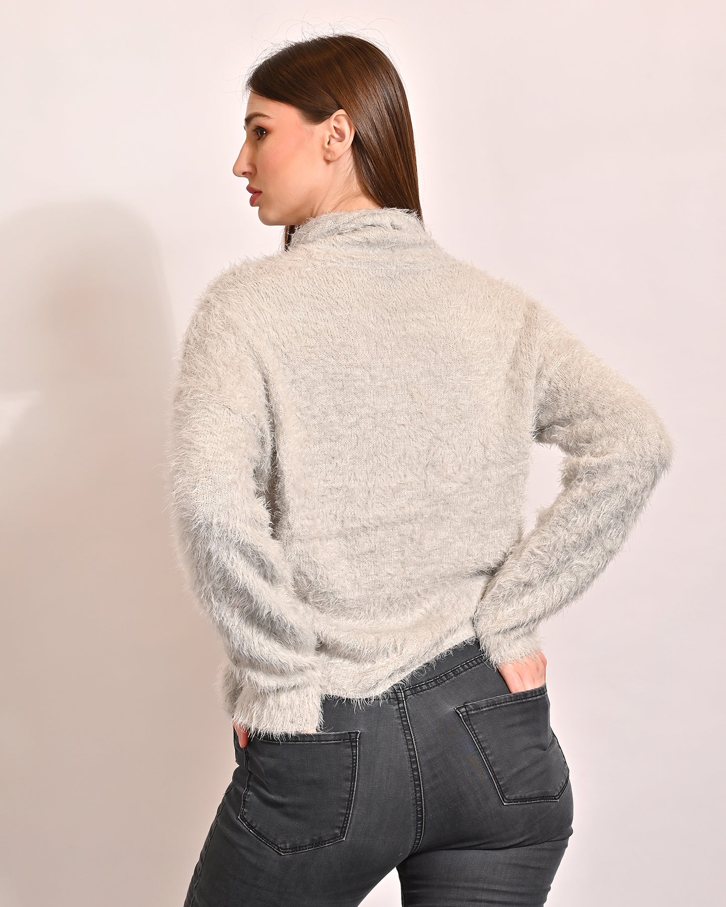 Polyester Fur Full Sleeve with Turtle Neck Grey Sweater