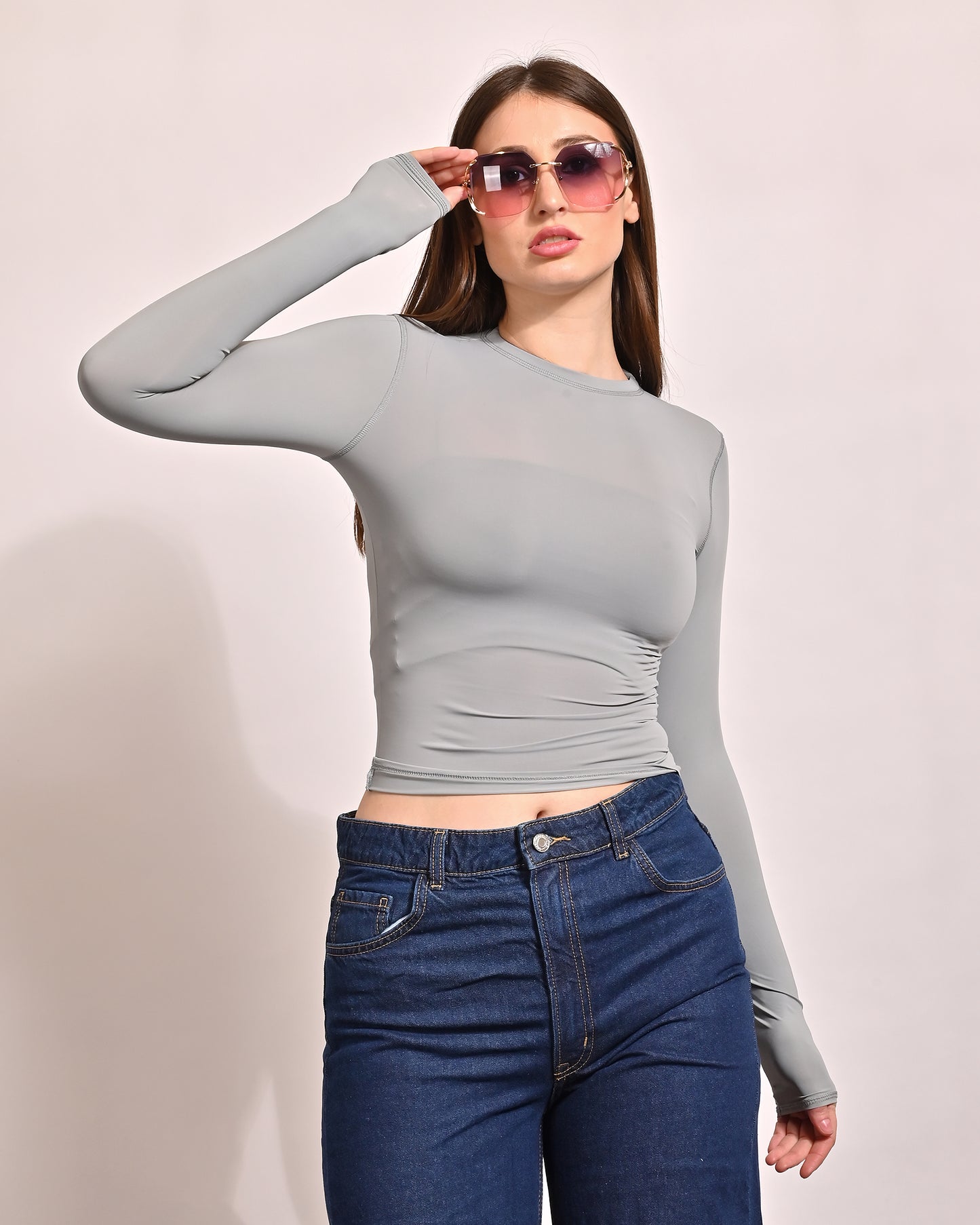 Polyester Full Sleeve with Round Neck Stretch Slim Fit Grey Top