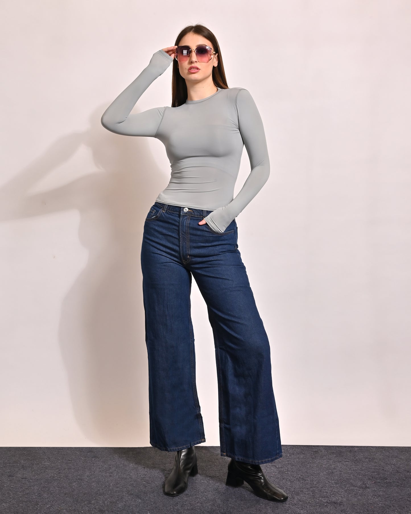 Polyester Full Sleeve with Round Neck Stretch Slim Fit Grey Top