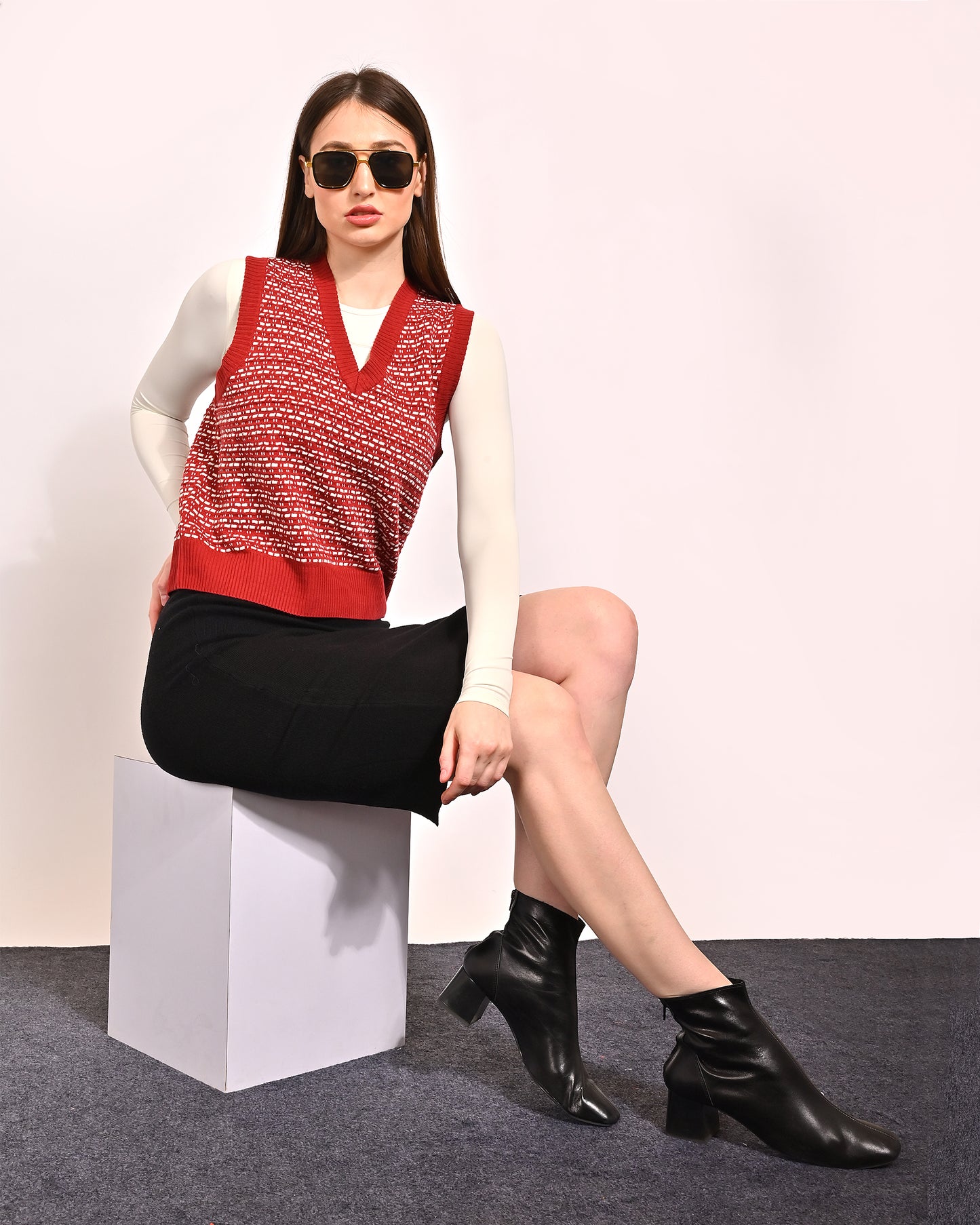 Acrylic Sleeveless with V-Neck Red Vest Sweater