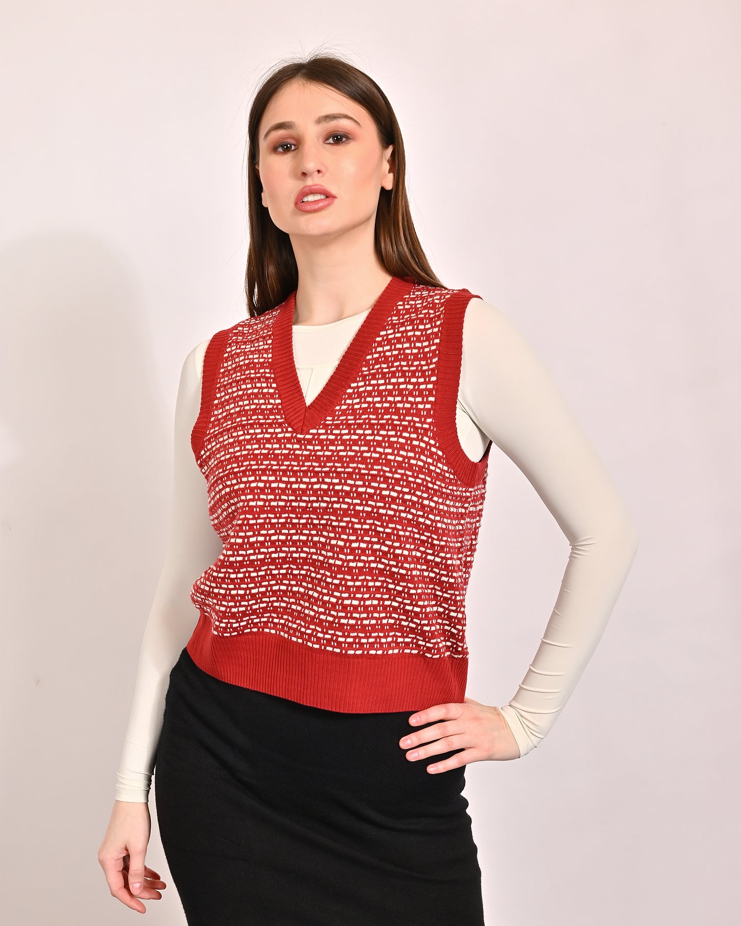 Acrylic Sleeveless with V-Neck Red Vest Sweater