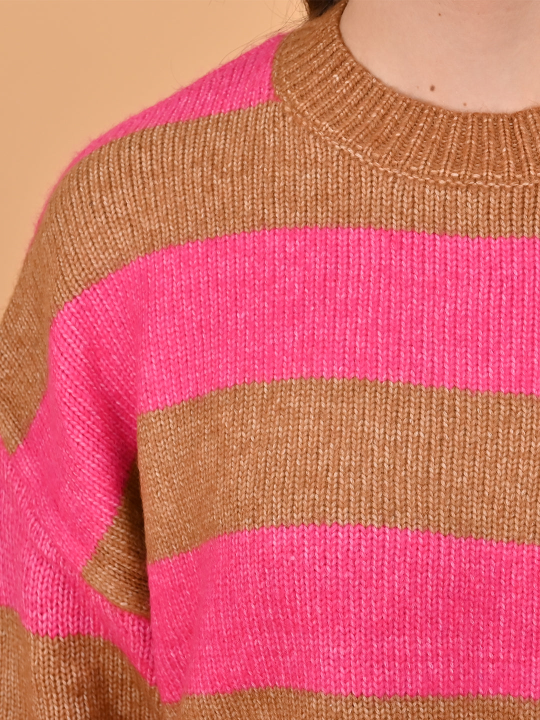 Polyester Crew Neck with Full Sleeve oversized design Stripe wool blend Pink Sweater