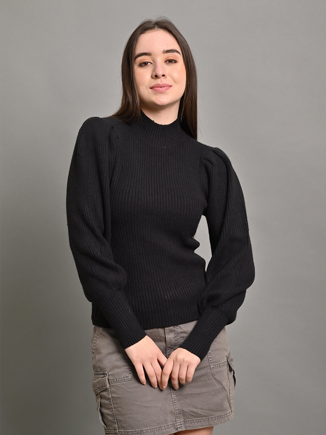 Acrylic Puff Full Sleeve with Turtle Neck Black Sweater
