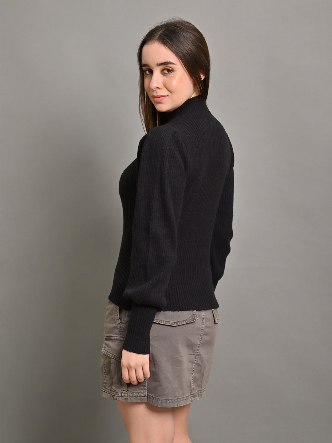Acrylic Puff Full Sleeve with Turtle Neck Black Sweater