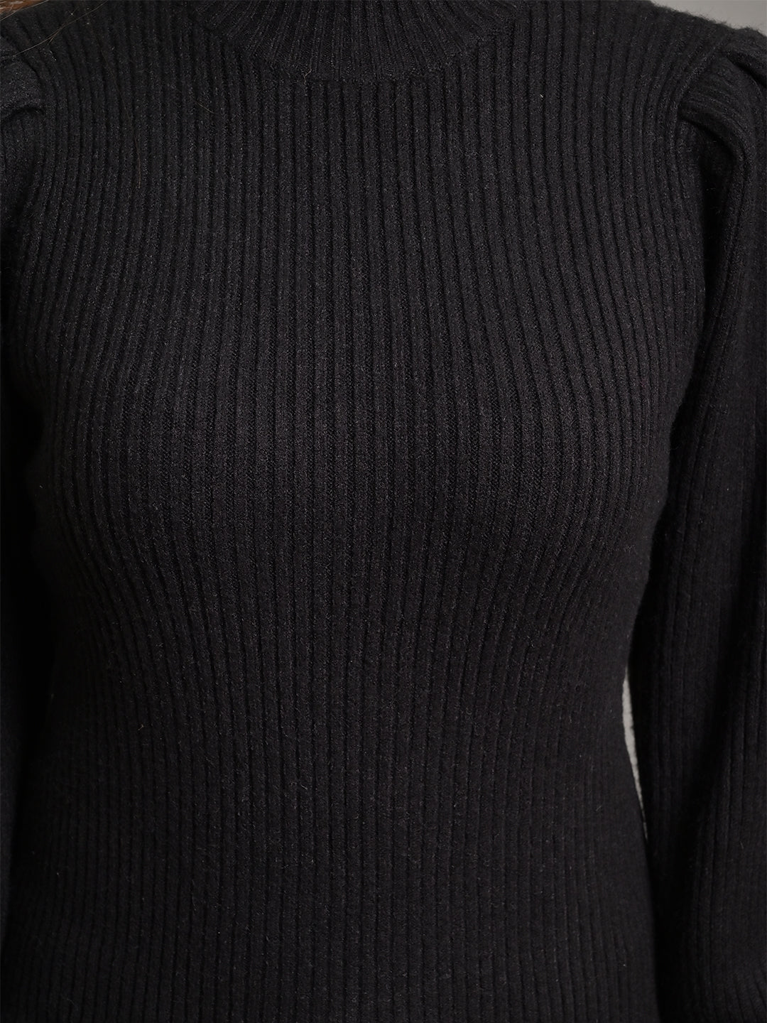 Acrylic Puff Full Sleeve with Turtle Neck Black Sweater