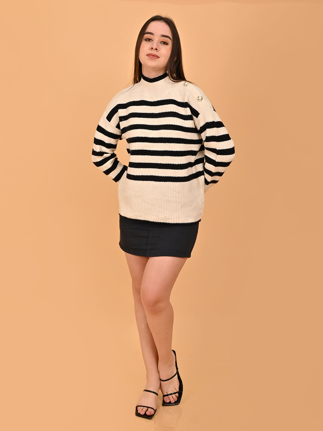 Acrylic Striped with Full Sleeve Turtle Neck Beige sweater