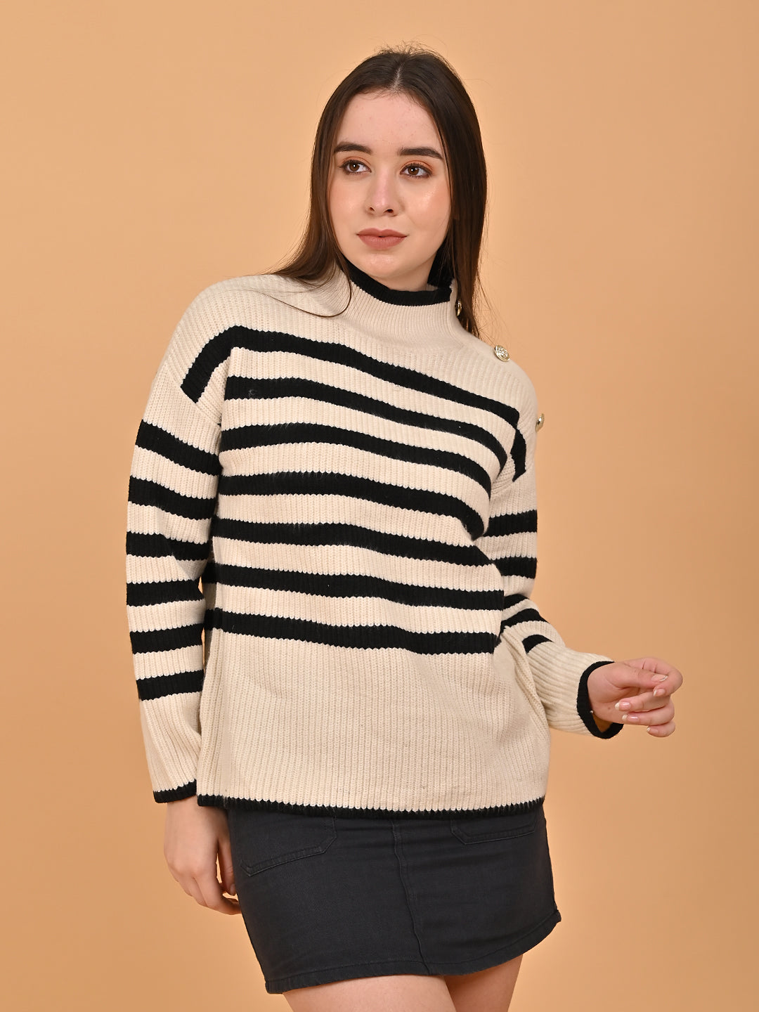 Acrylic Striped with Full Sleeve Turtle Neck Beige sweater