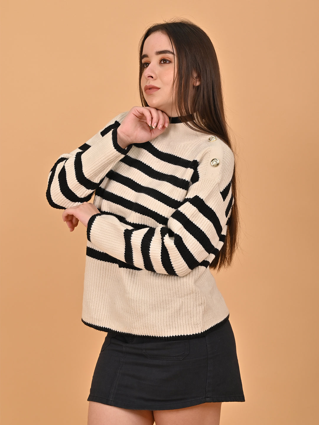 Acrylic Striped with Full Sleeve Turtle Neck Beige sweater