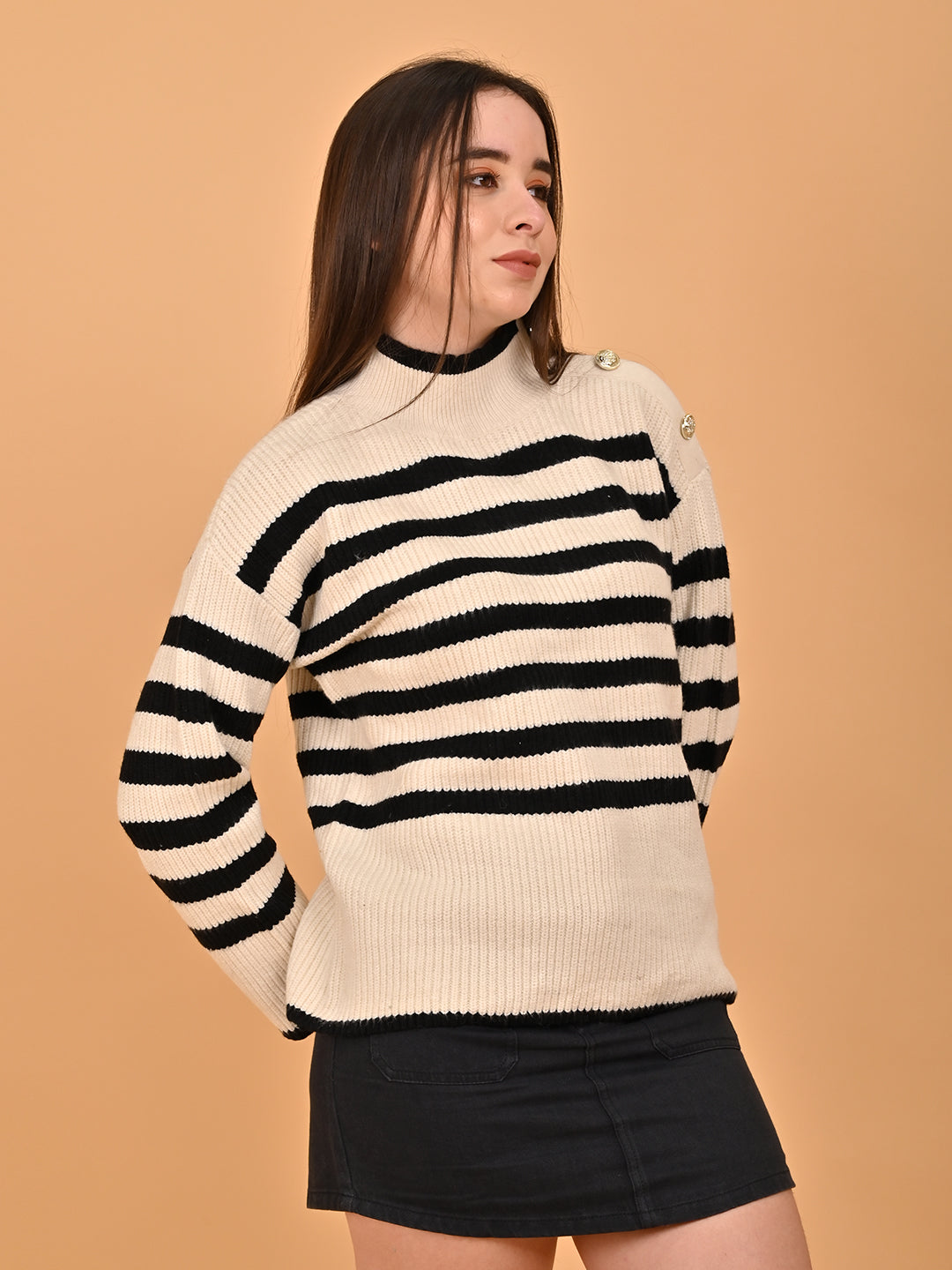 Acrylic Striped with Full Sleeve Turtle Neck Beige sweater