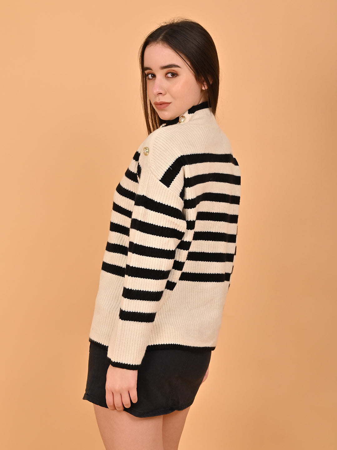 Acrylic Striped with Full Sleeve Turtle Neck Beige sweater