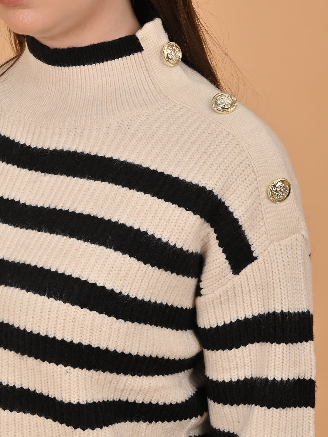 Acrylic Striped with Full Sleeve Turtle Neck Beige sweater