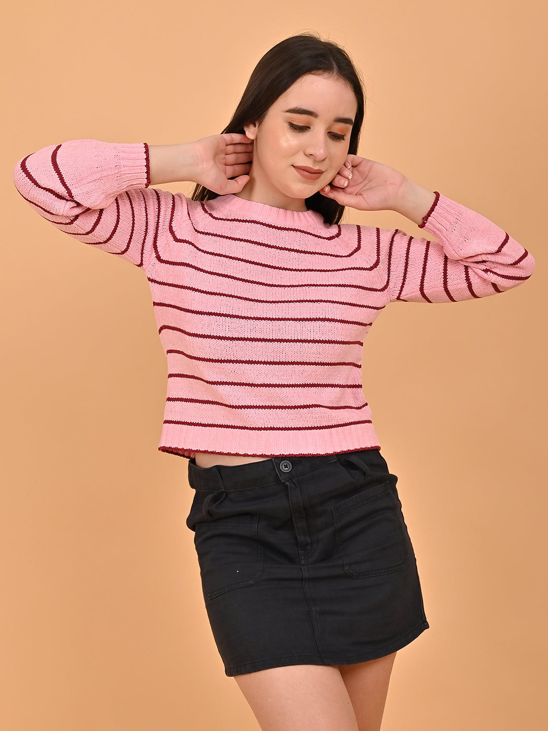 Viscose Pink cropped sweater with Vertical stripes