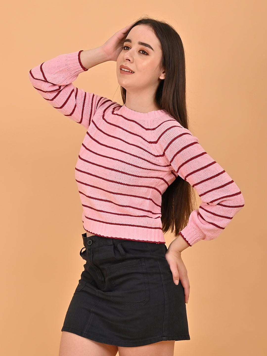 Viscose Pink cropped sweater with Vertical stripes