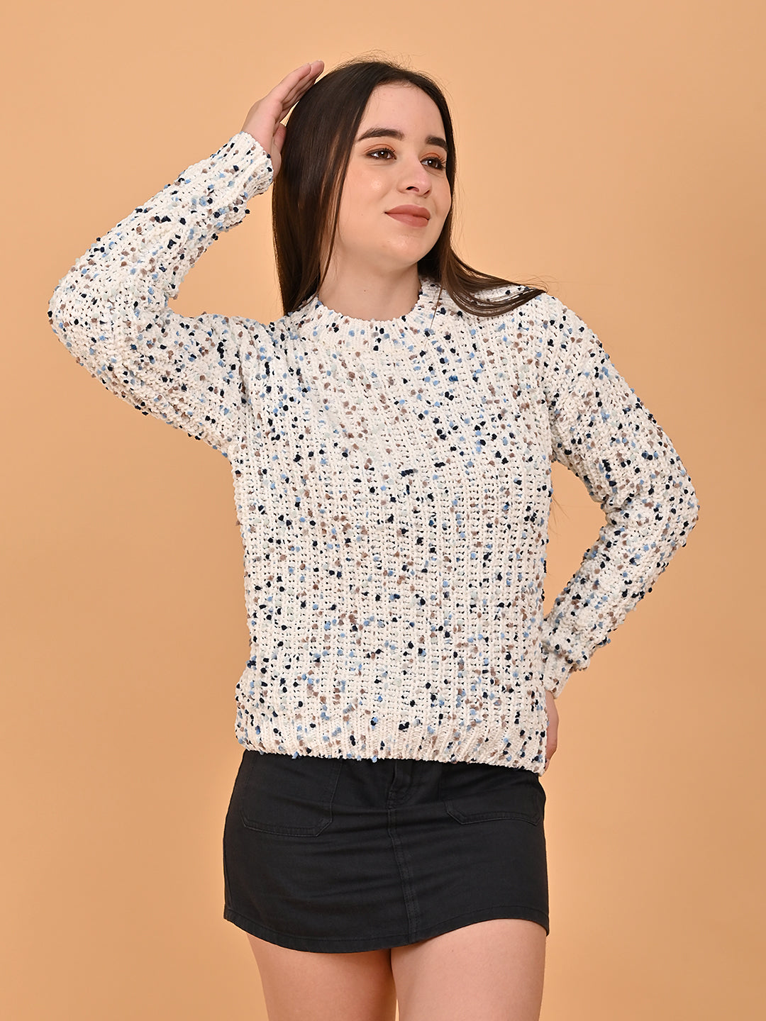 Acrylic Full Sleeve Sweater with Round Neck White Printed Sweater