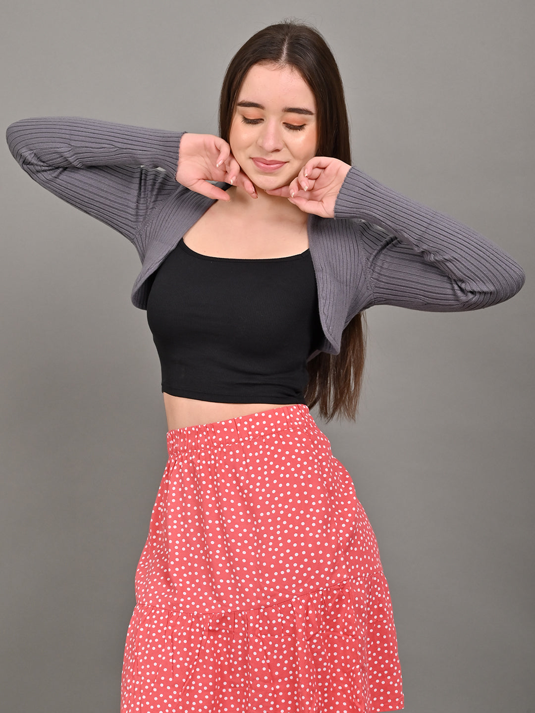 Viscose Full Sleeve with front open Ribbed Short Grey Shrug
