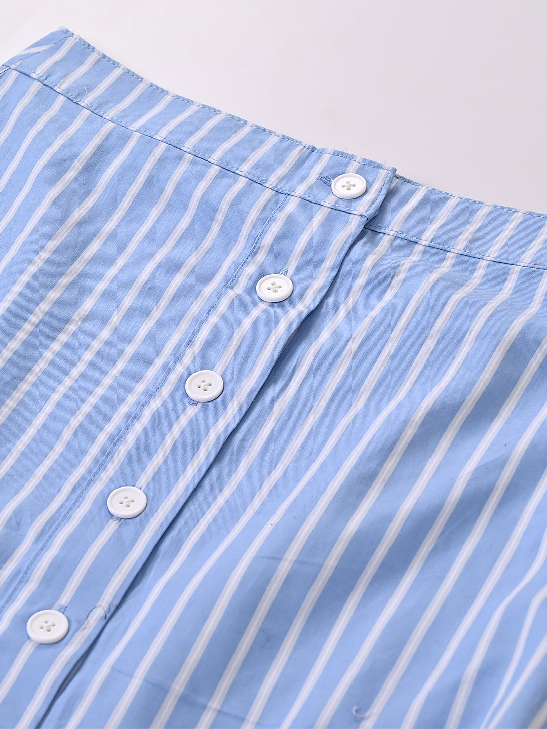Cotton Light Blue Button-Adorned Cotton Fitted Skirt
