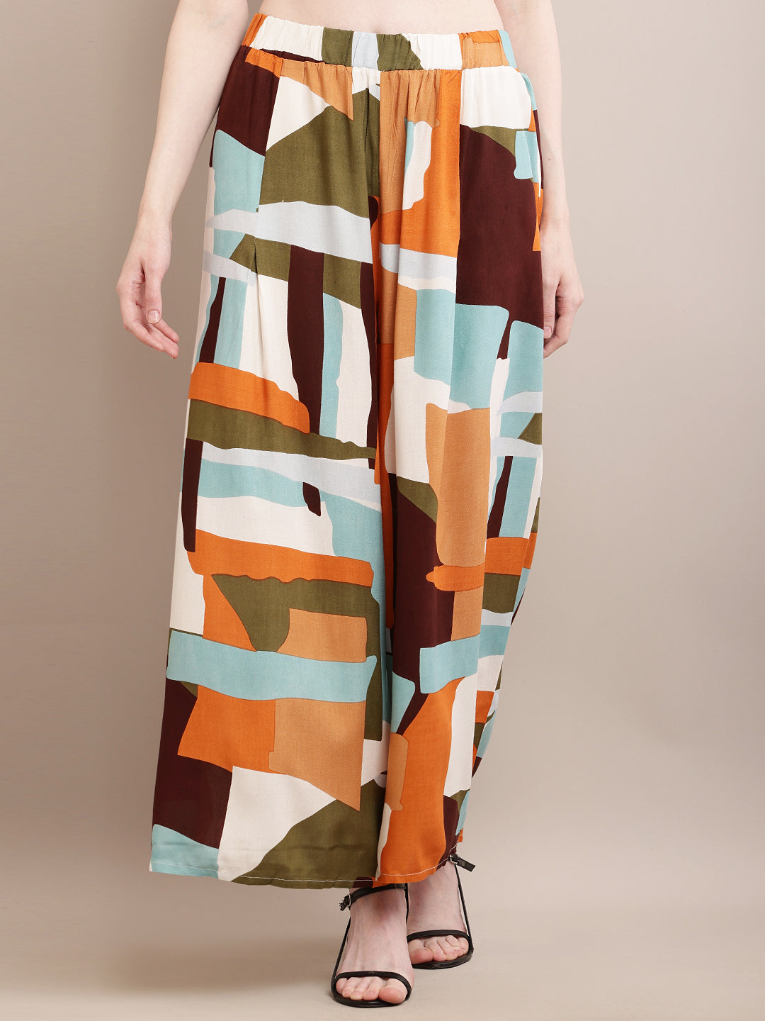 Rayon Printed Orange with Elasticated Waist Flared Palazzos