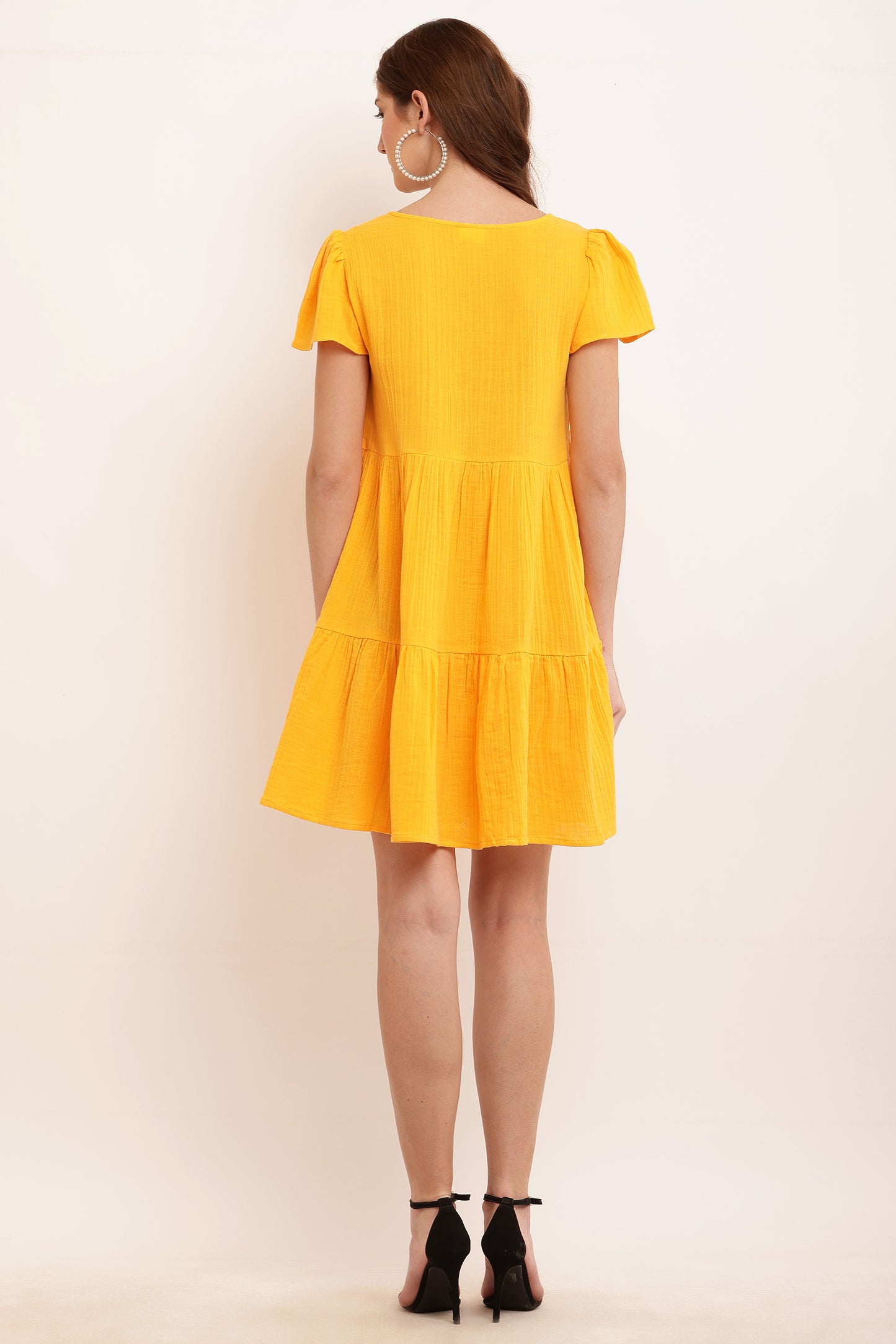 Cotton V-neck with Short Puff Sleeve Shift Yellow Dress