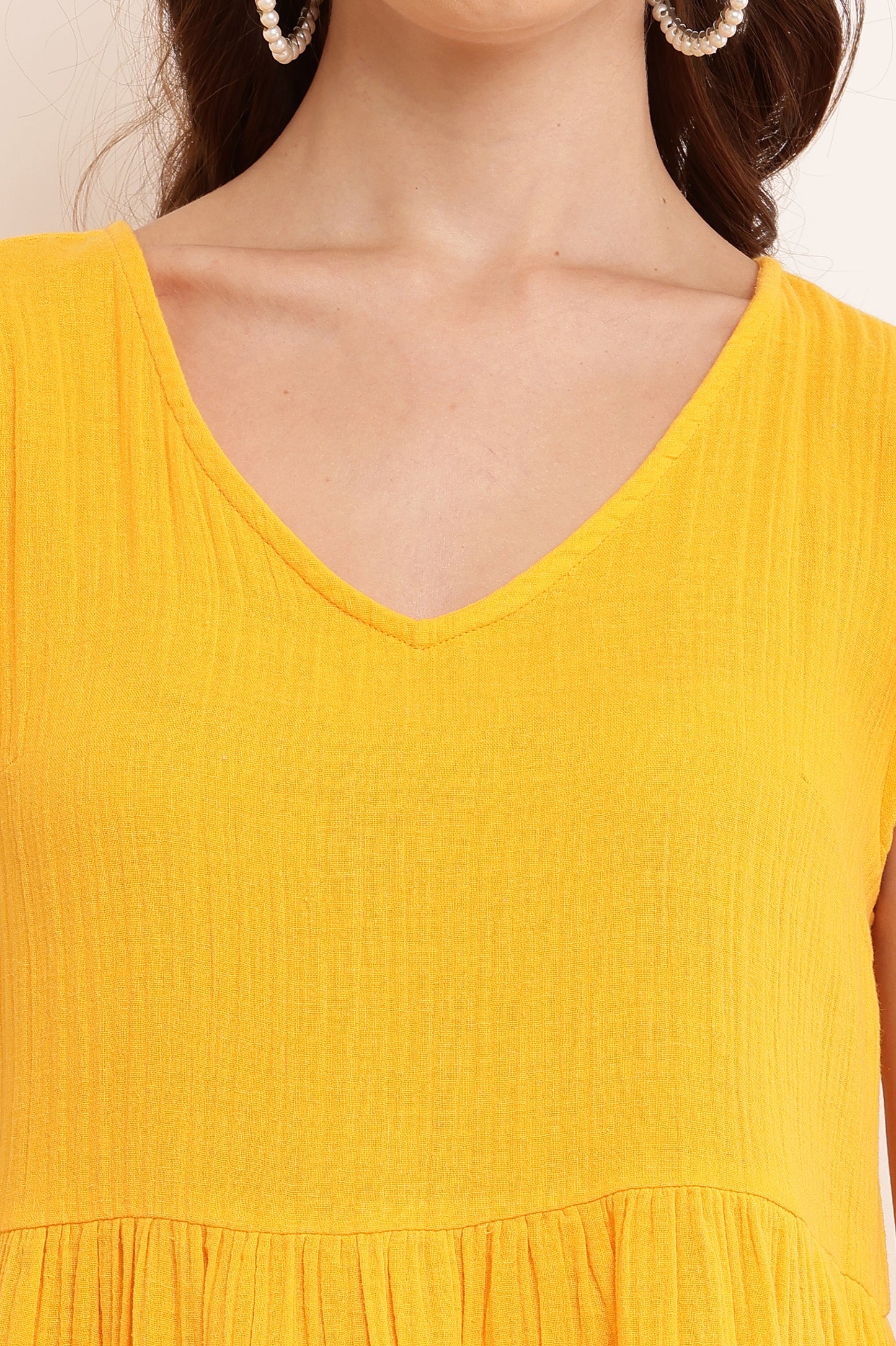 Cotton V-neck with Short Puff Sleeve Shift Yellow Dress