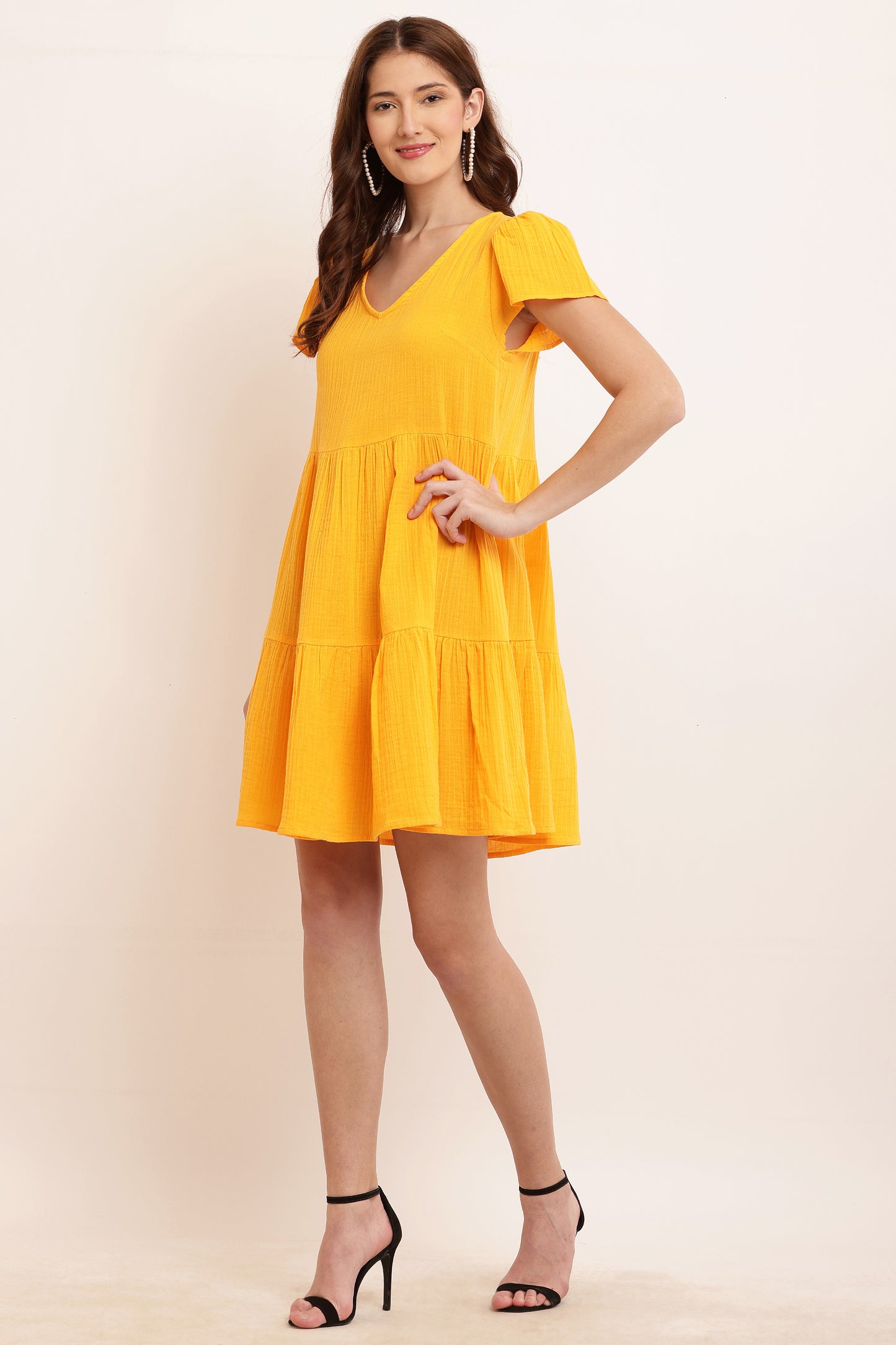 Cotton V-neck with Short Puff Sleeve Shift Yellow Dress