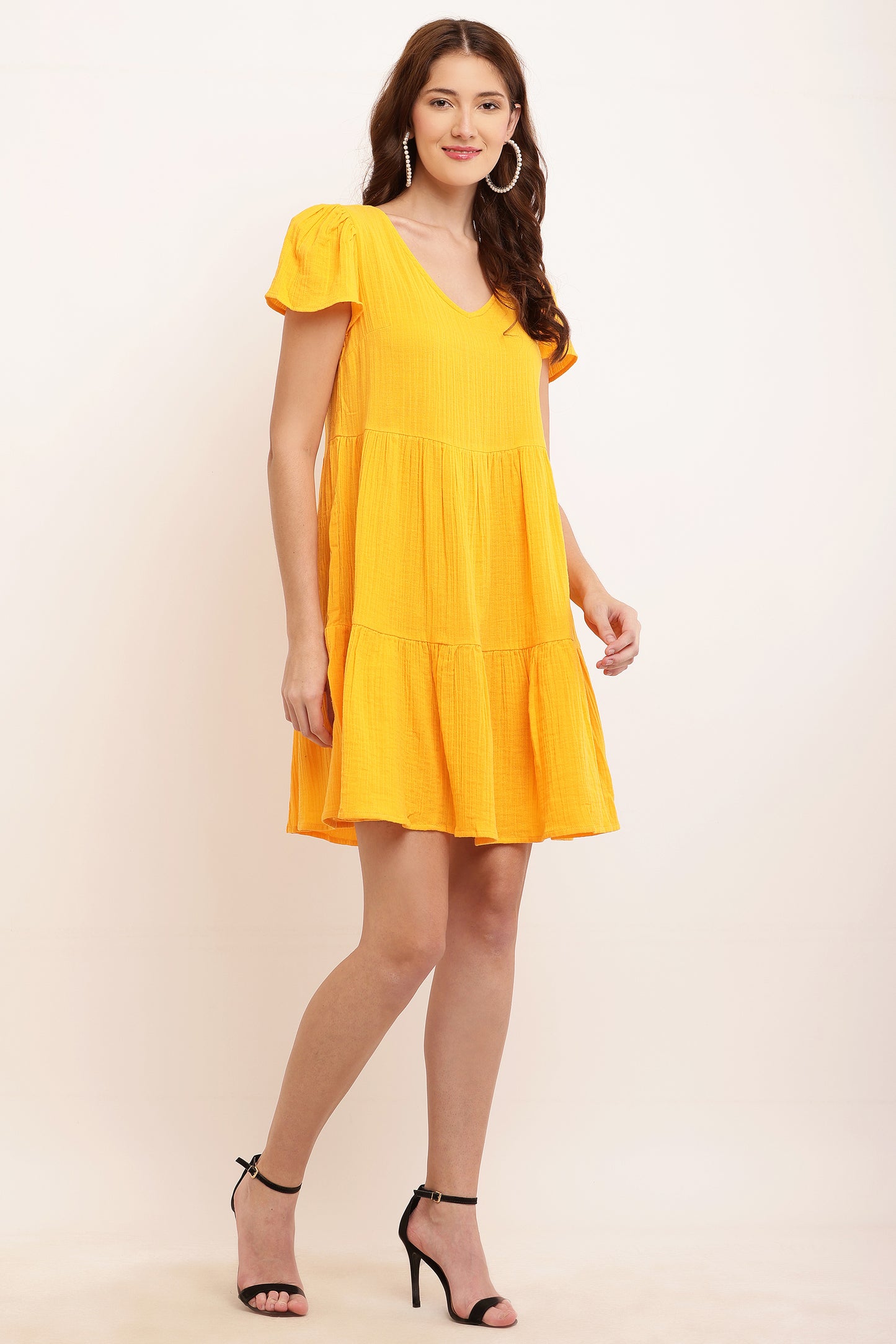 Cotton V-neck with Short Puff Sleeve Shift Yellow Dress