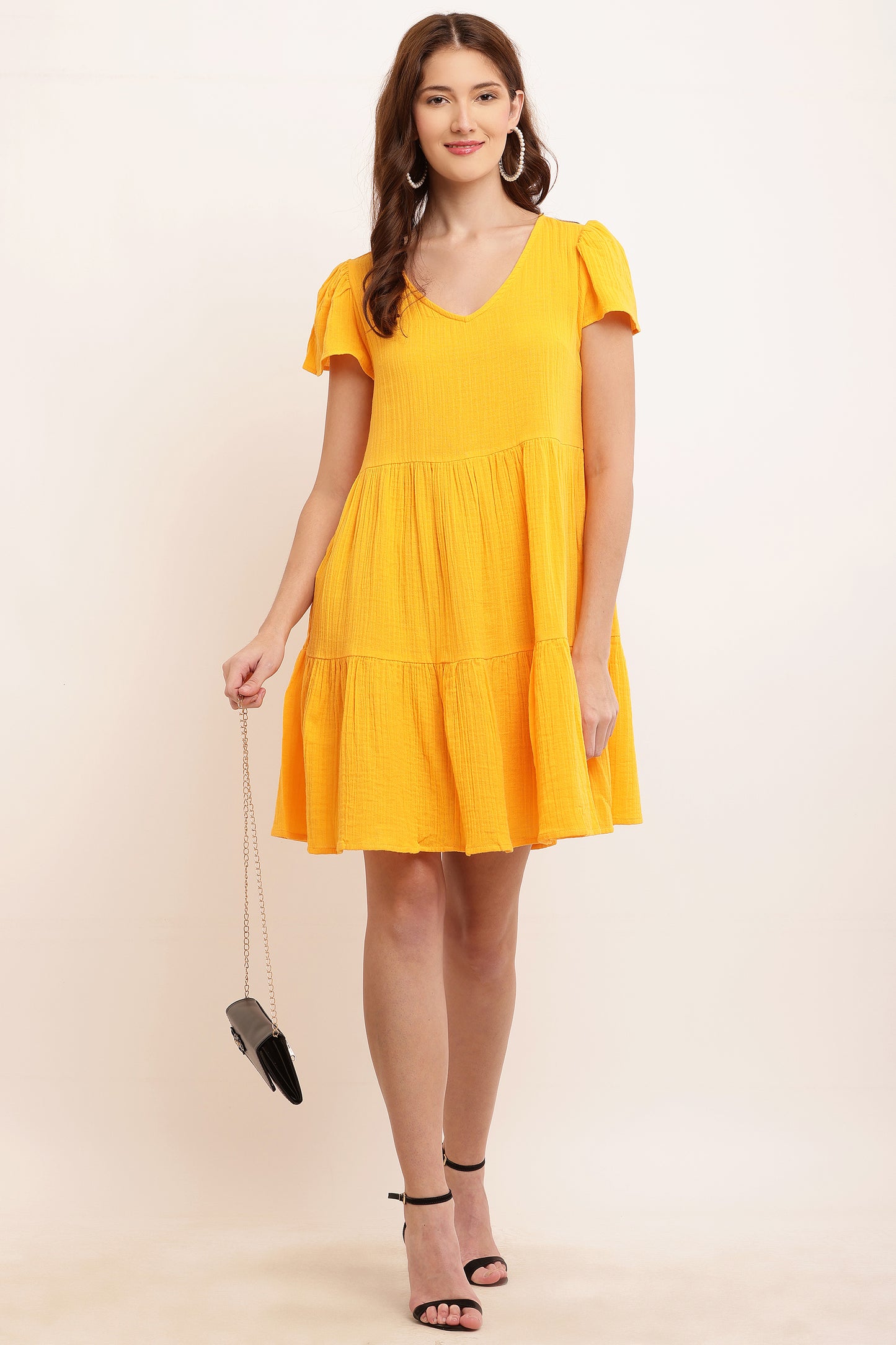 Cotton V-neck with Short Puff Sleeve Shift Yellow Dress