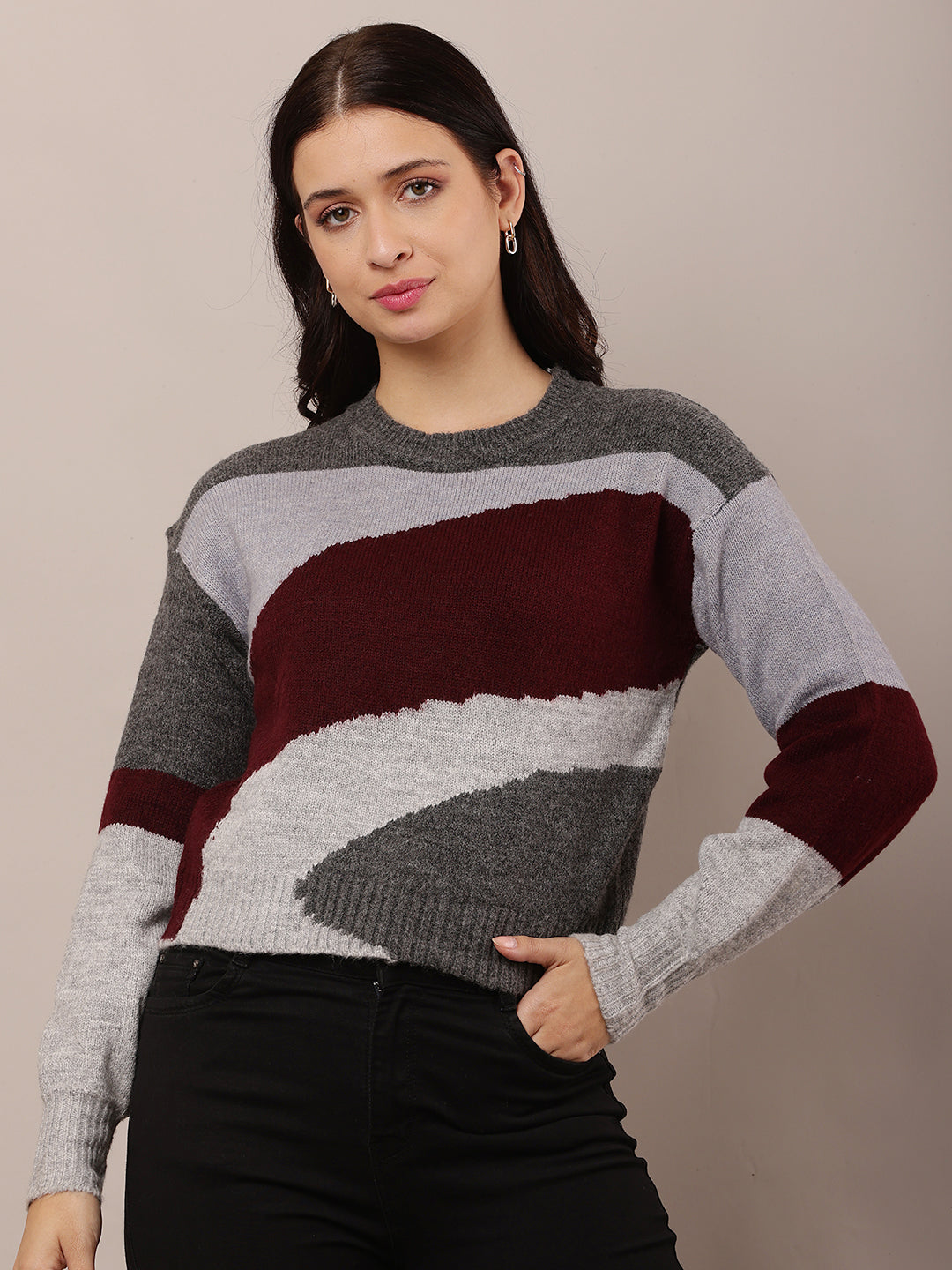 Acrylic Round Neck Sweater with Full Sleeves Multicolour Sweater
