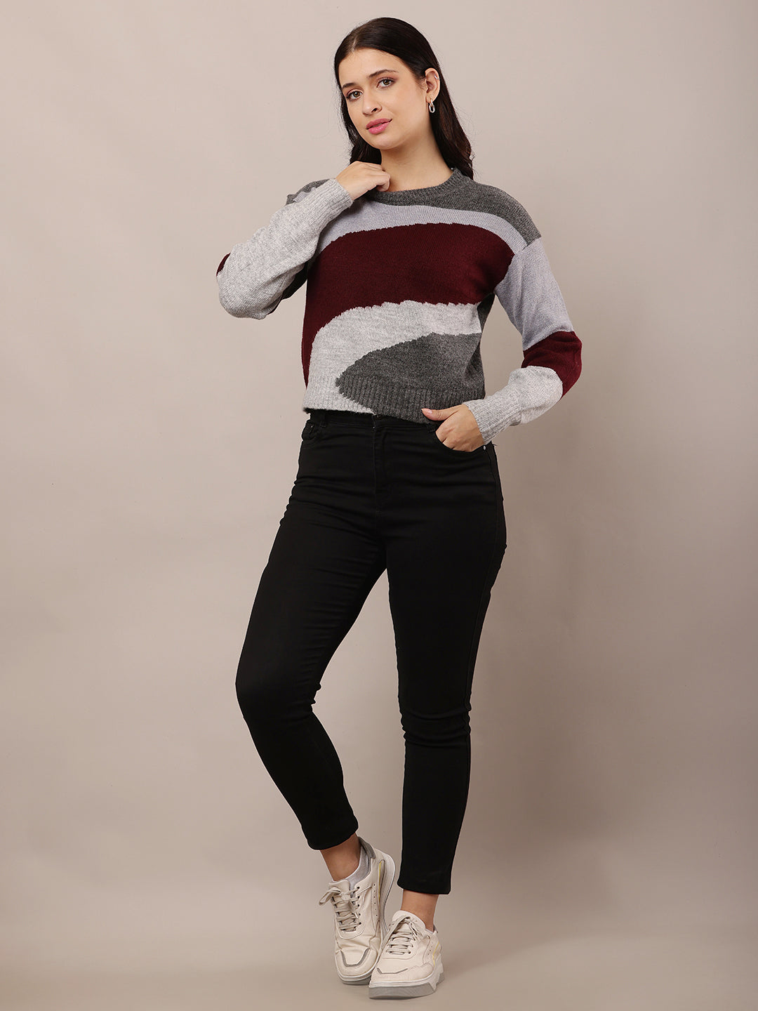 Acrylic Round Neck Sweater with Full Sleeves Multicolour Sweater