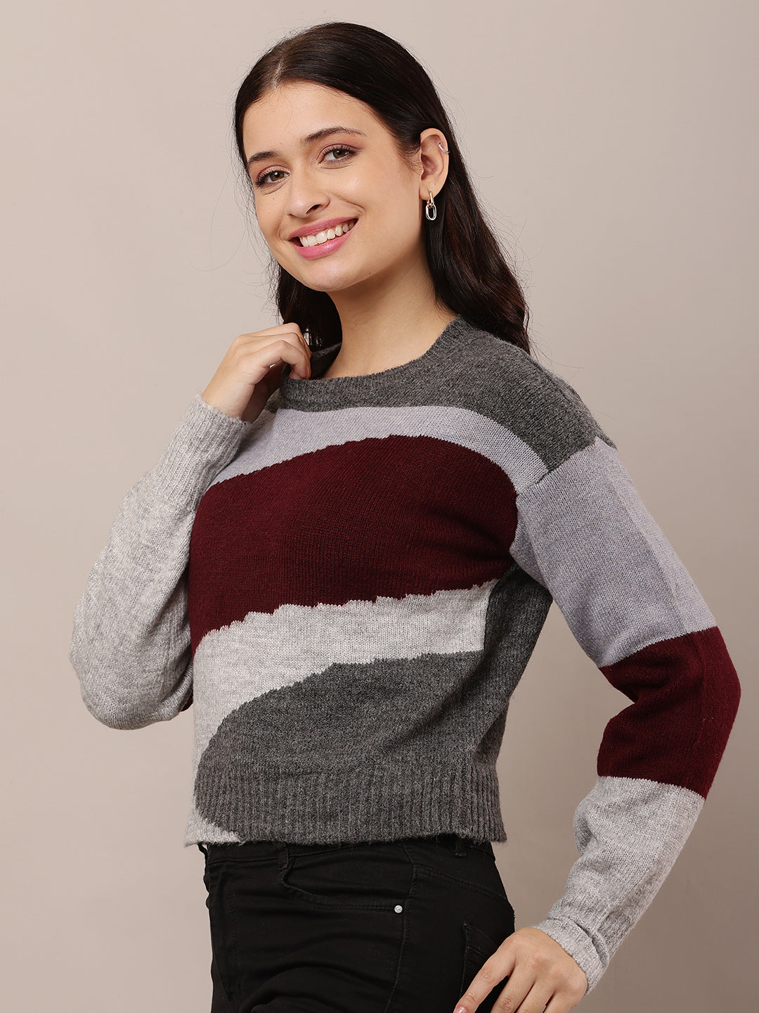 Acrylic Round Neck Sweater with Full Sleeves Multicolour Sweater