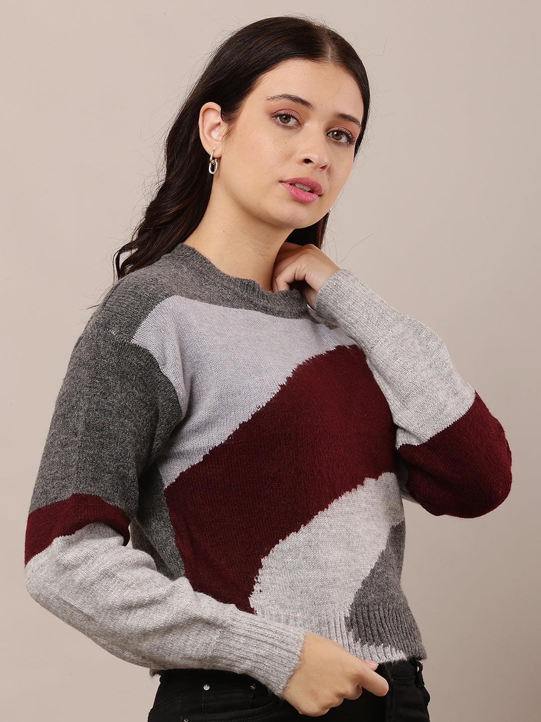 Acrylic Round Neck Sweater with Full Sleeves Multicolour Sweater