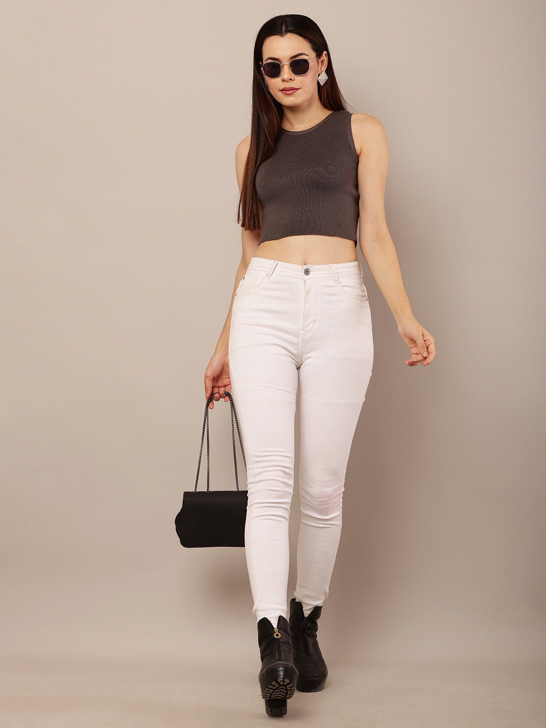 Viscose Round Neck Casual Sleeveless Solid Dark Grey Top
