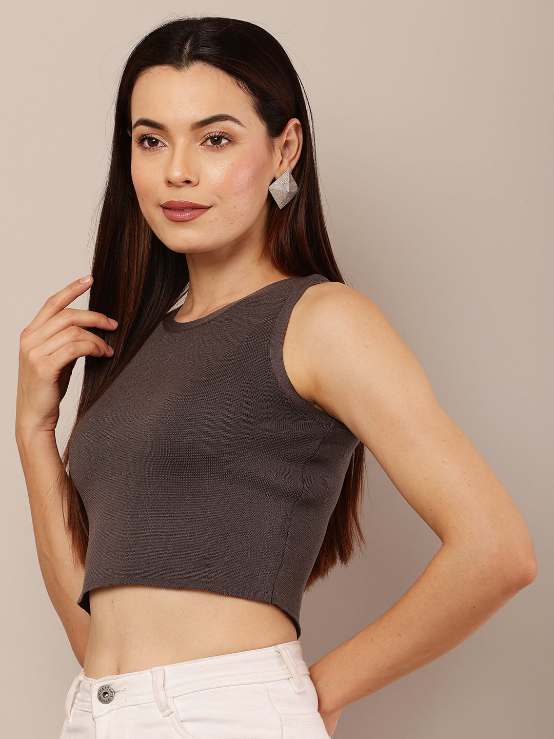 Viscose Round Neck Casual Sleeveless Solid Dark Grey Top
