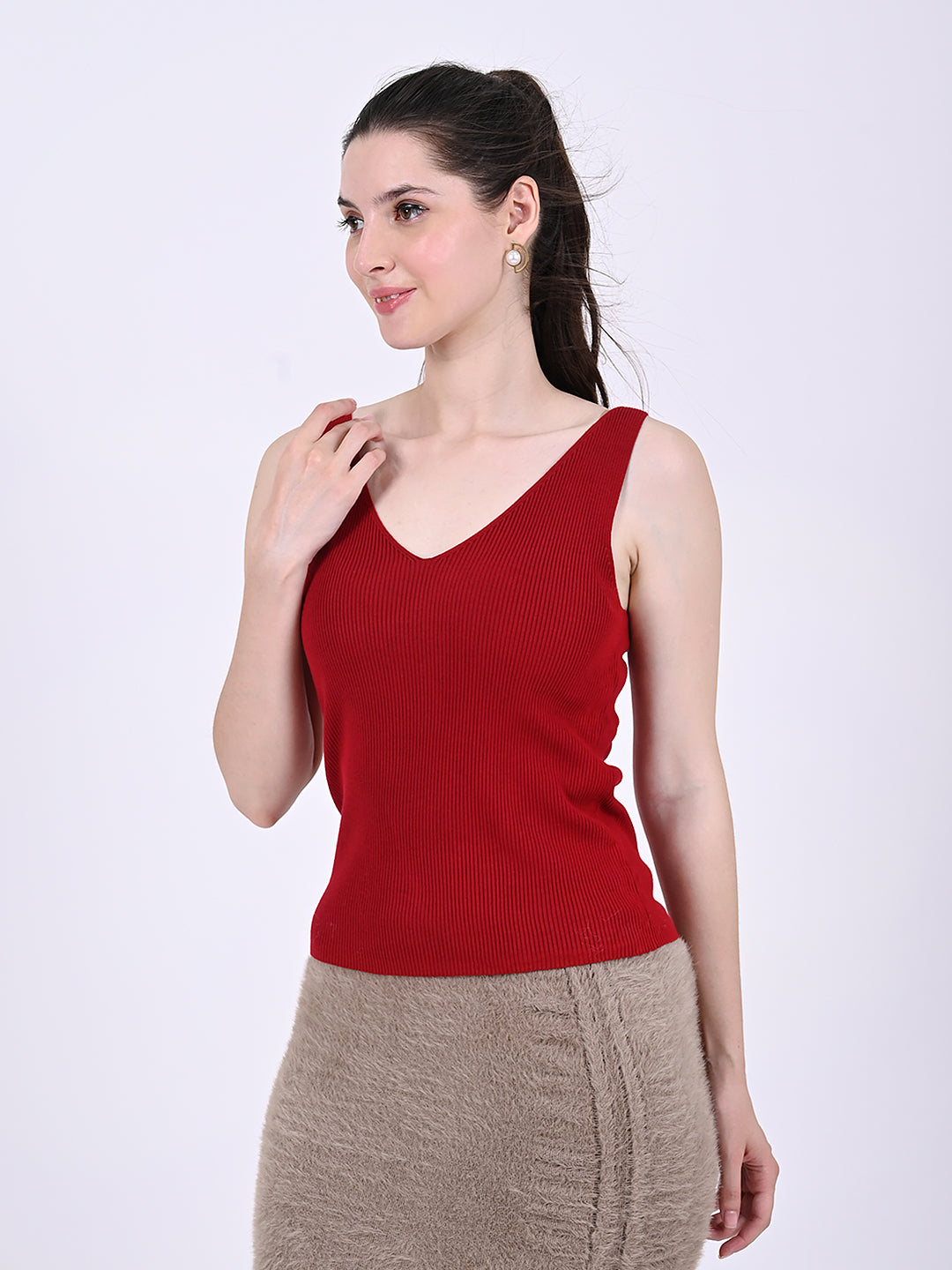 Acrylic Sleeveless with V-neck Ribbed Red Top