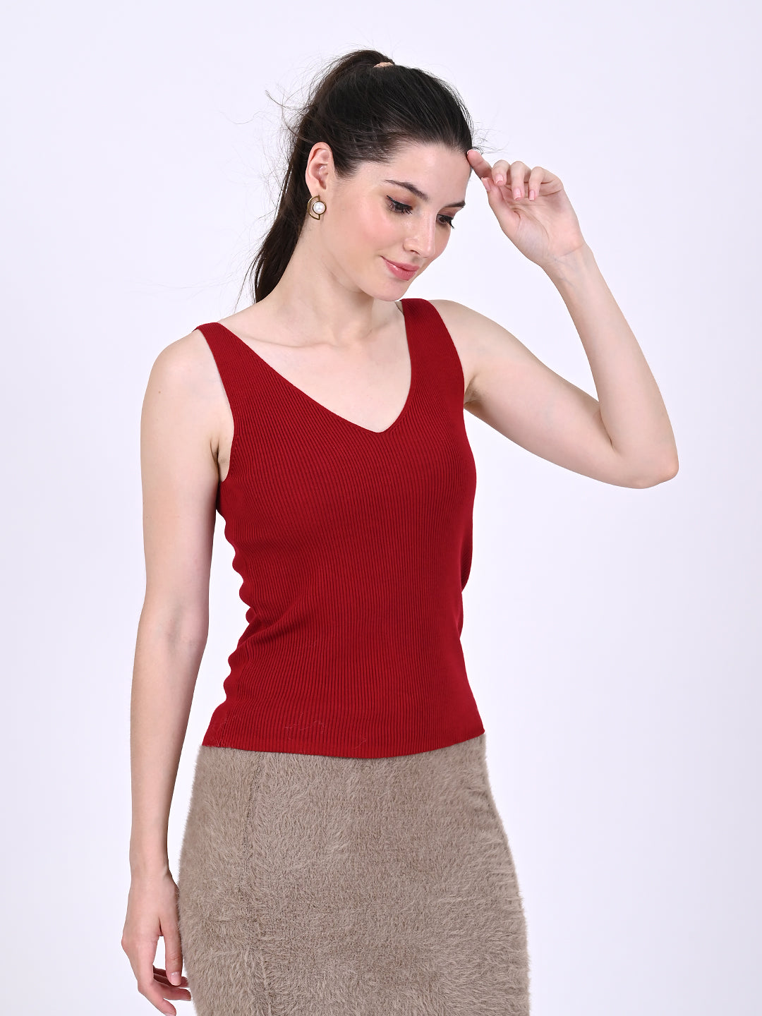 Acrylic Sleeveless with V-neck Ribbed Red Top