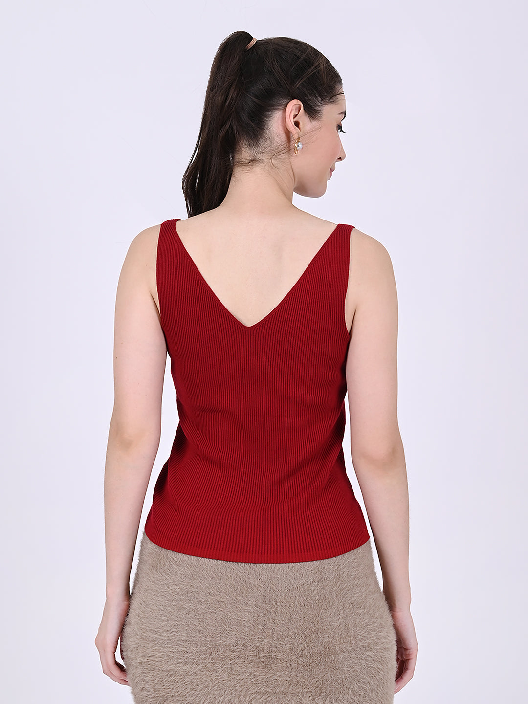 Acrylic Sleeveless with V-neck Ribbed Red Top