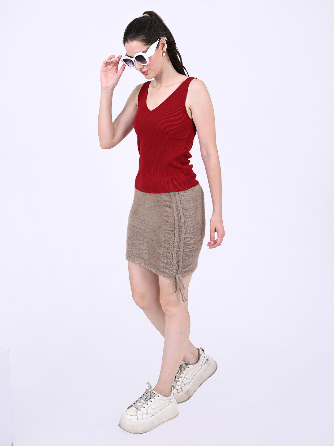 Acrylic Sleeveless with V-neck Ribbed Red Top