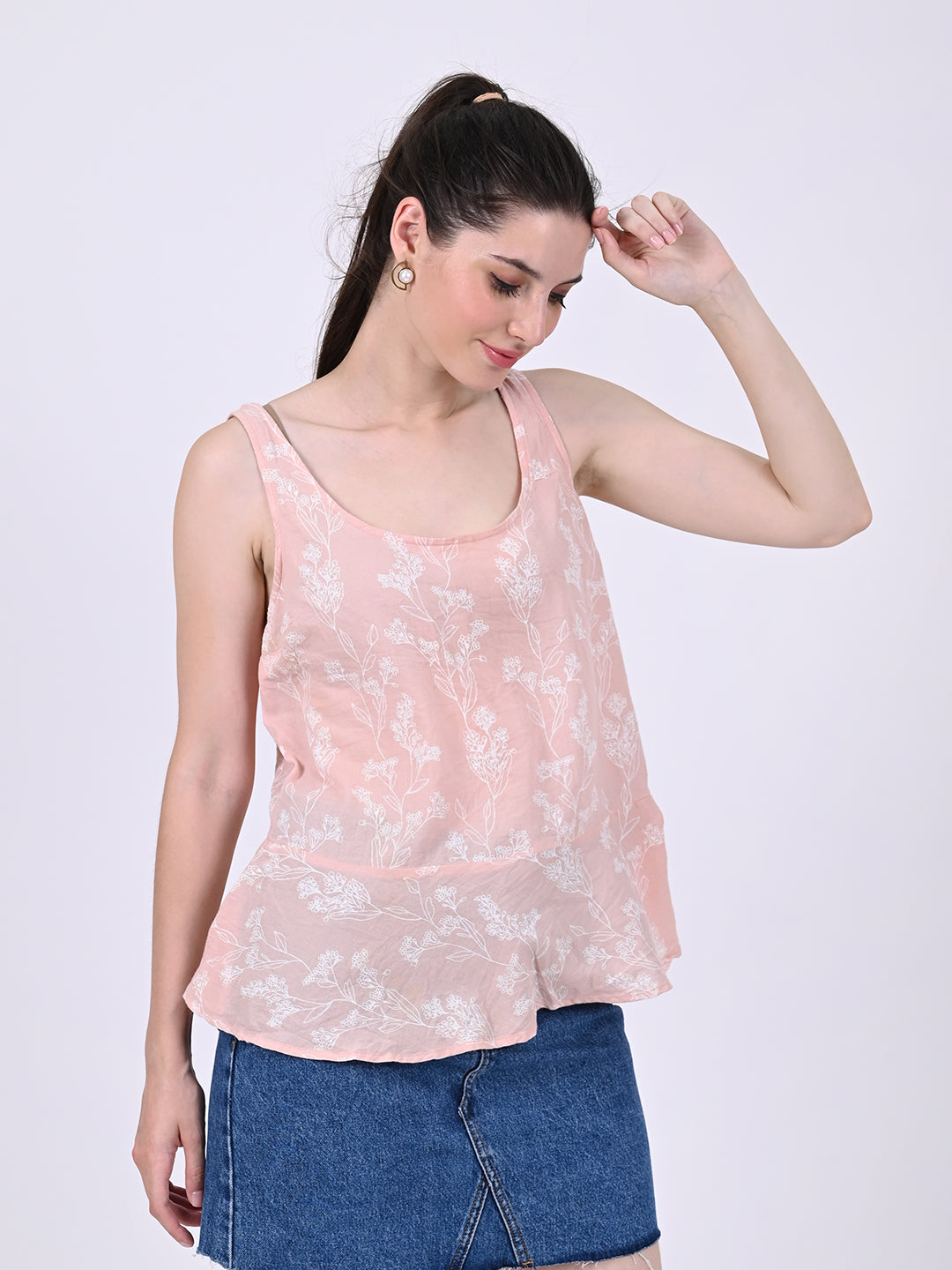 Cotton Sleeveless with Round Neck Printed Light Peach summer Top