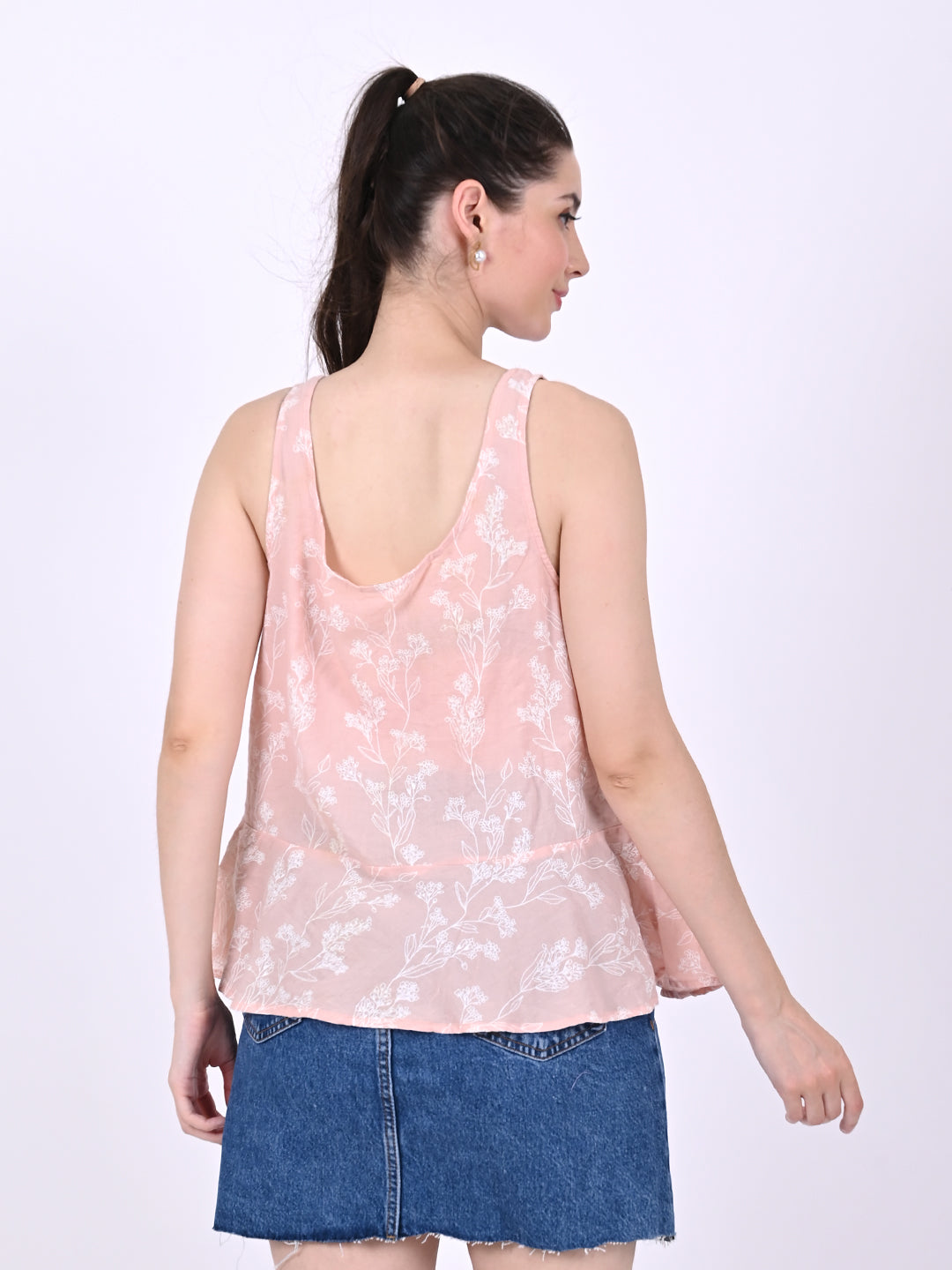 Cotton Sleeveless with Round Neck Printed Light Peach summer Top