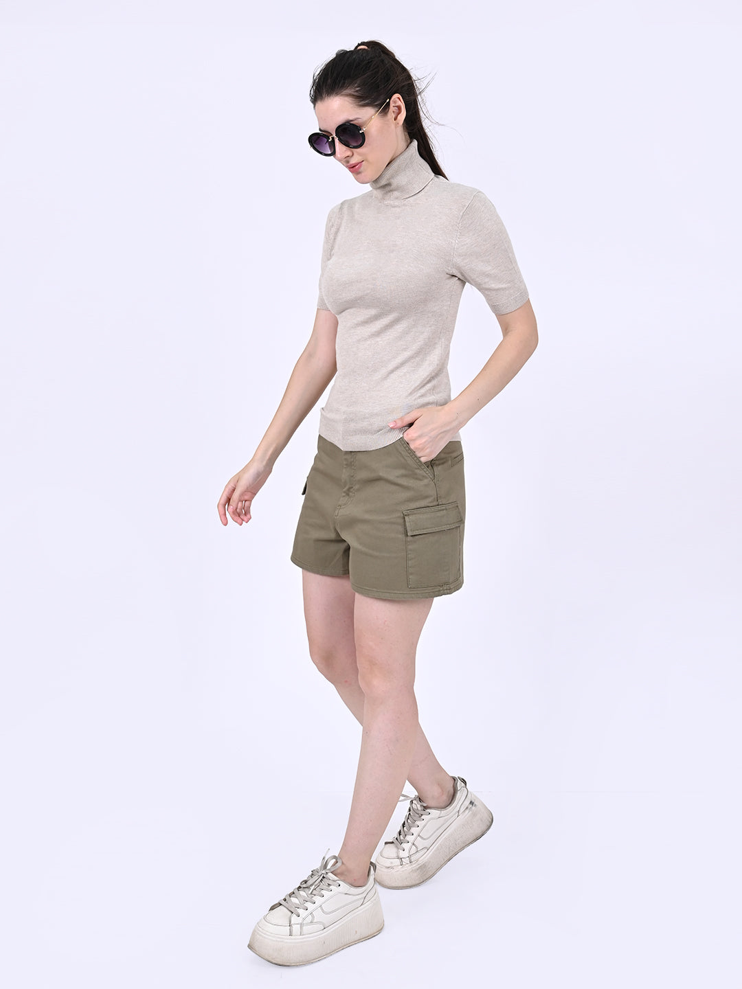 Viscose High Neck with short sleeve Beige Top