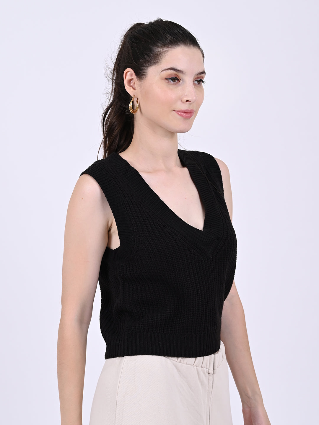 V-neck with sleeveless acrylic Black Cable knit vest sweater