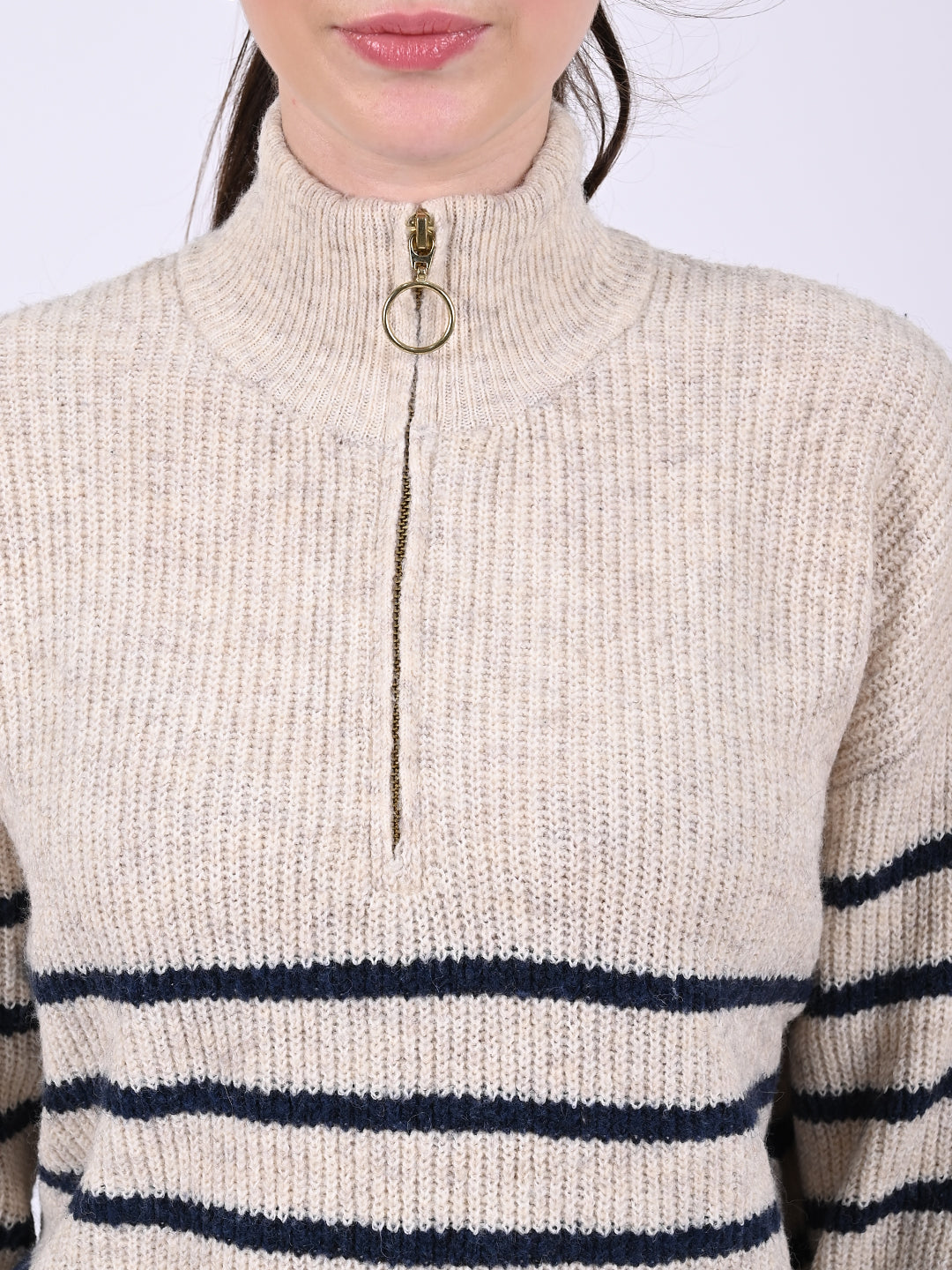 Acrylic Full Sleeve with Front Half Zip closures oversized striped Beige sweater