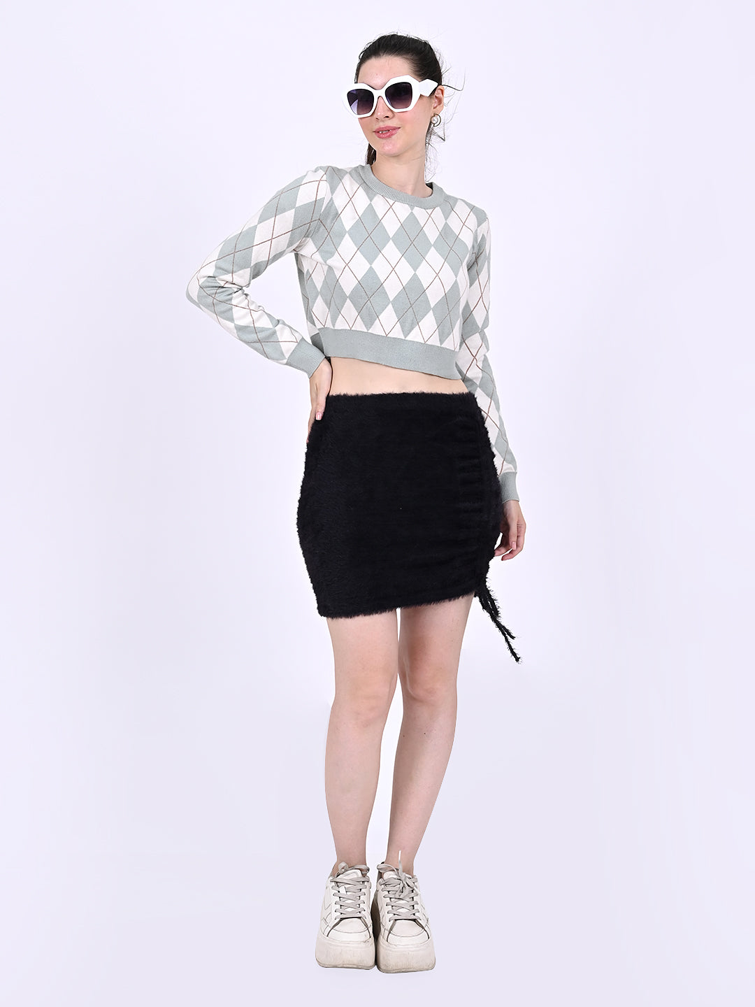 Round Neck with Full Sleeve Crop Checkered Crop Light Green Sweater
