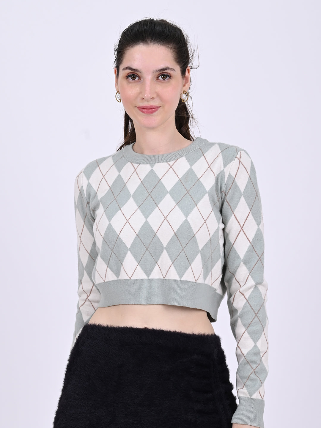 Round Neck with Full Sleeve Crop Checkered Crop Light Green Sweater