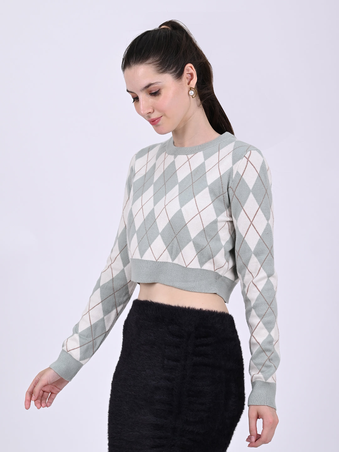 Round Neck with Full Sleeve Crop Checkered Crop Light Green Sweater