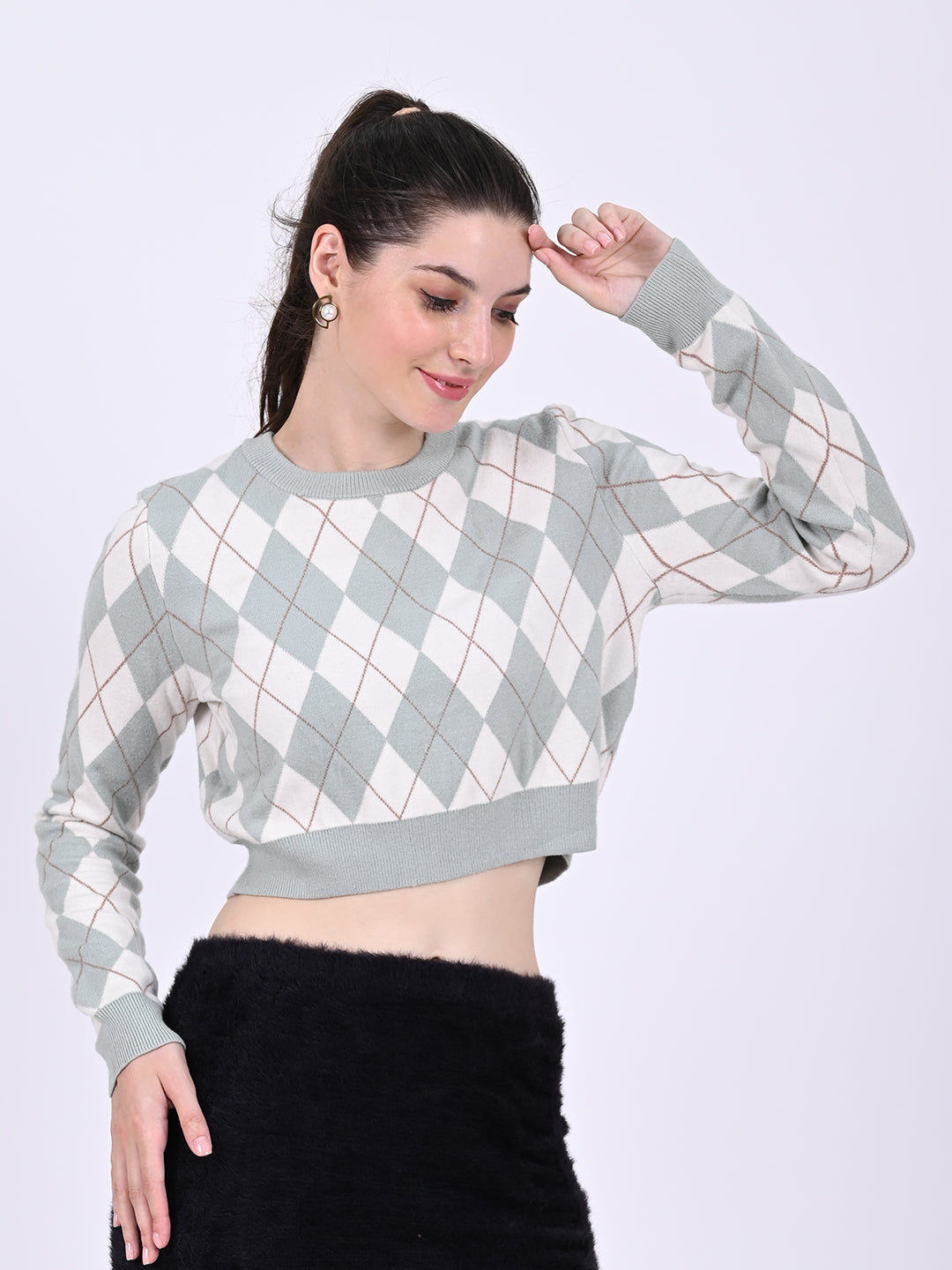 Round Neck with Full Sleeve Crop Checkered Crop Light Green Sweater
